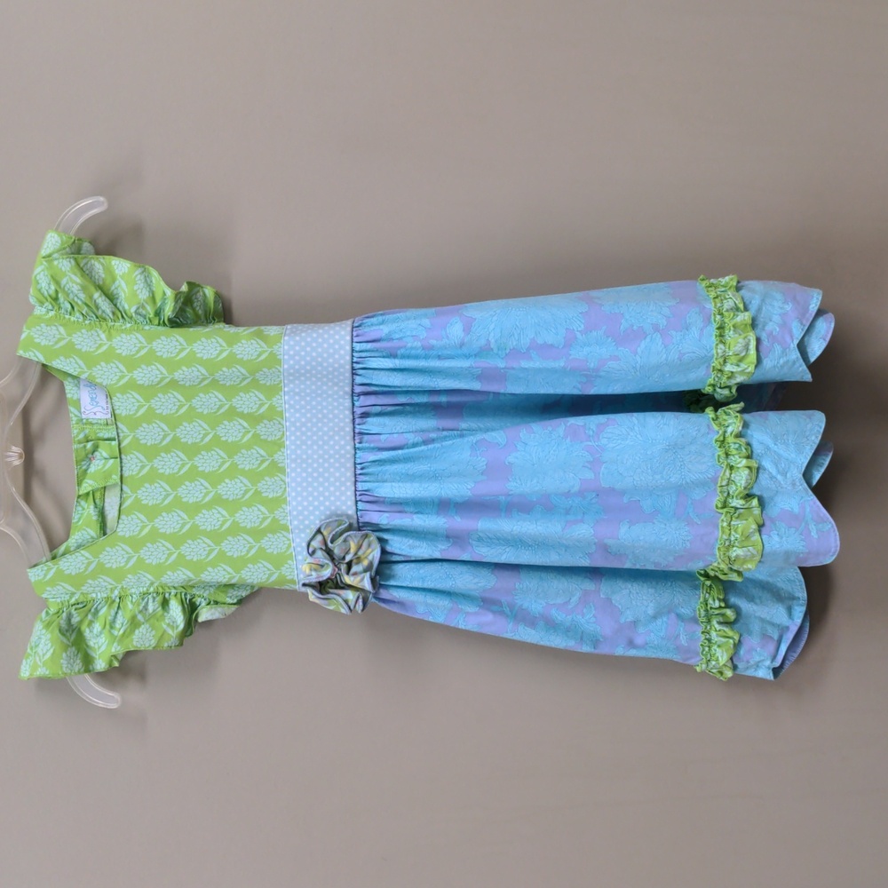 Serendipity Shrimp and Grits Green, Purple and Blue Scalloped Hem Dress Size 7-8 - Picture 2 of 12
